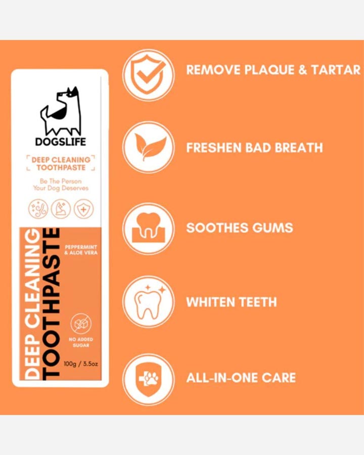 Dog toothpaste promotes healthy teeth and gums.