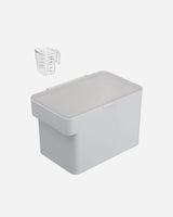 Pet food container with scoop