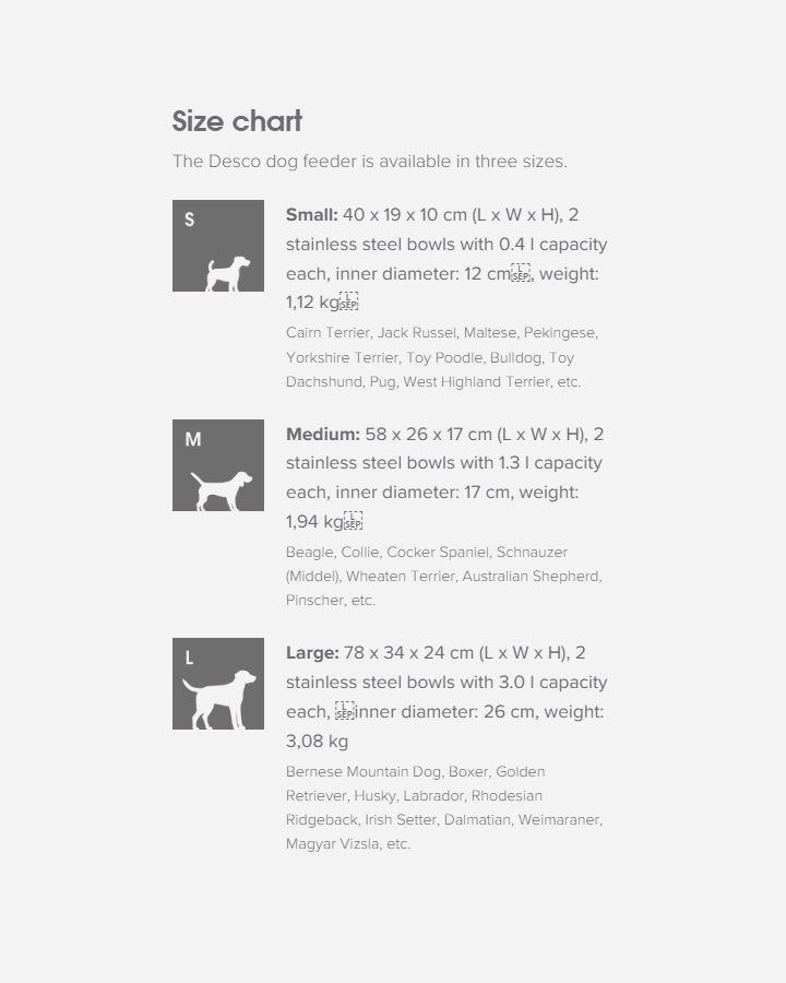 MiaCara Desco Dog Feeder - Size chart