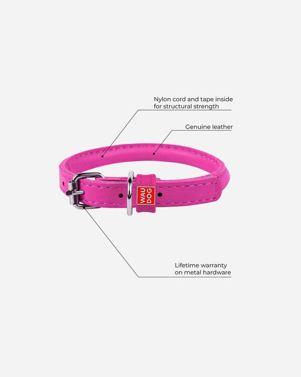 Waudog pink rolled leather dog collar